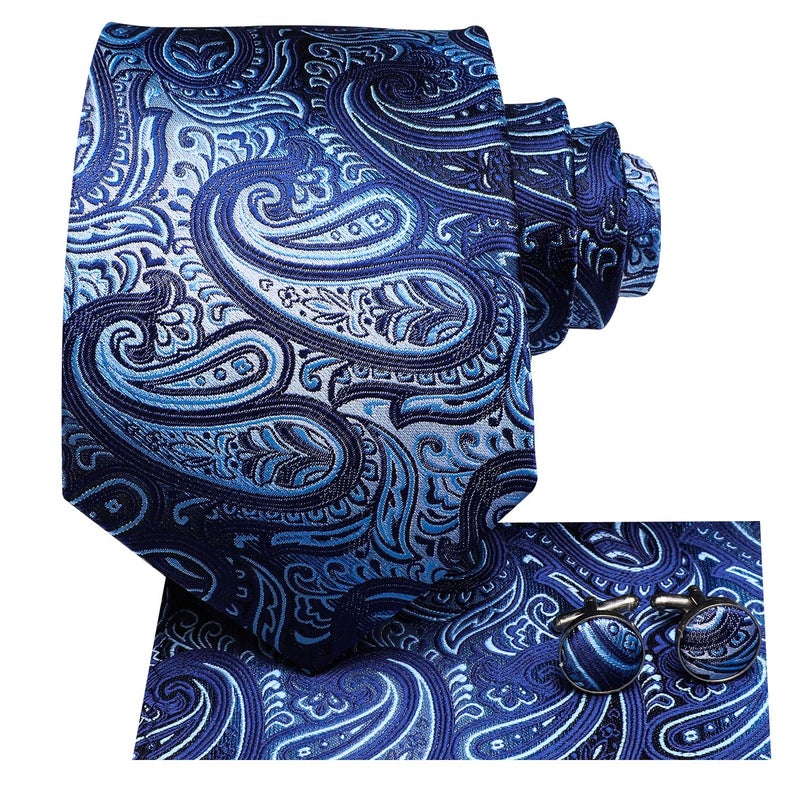 Hi-Tie Silk Paisley Ties for Men Necktie Pocket Square Cufflinks Set Foral Tie Sets Formal Business,Blue - Image 2
